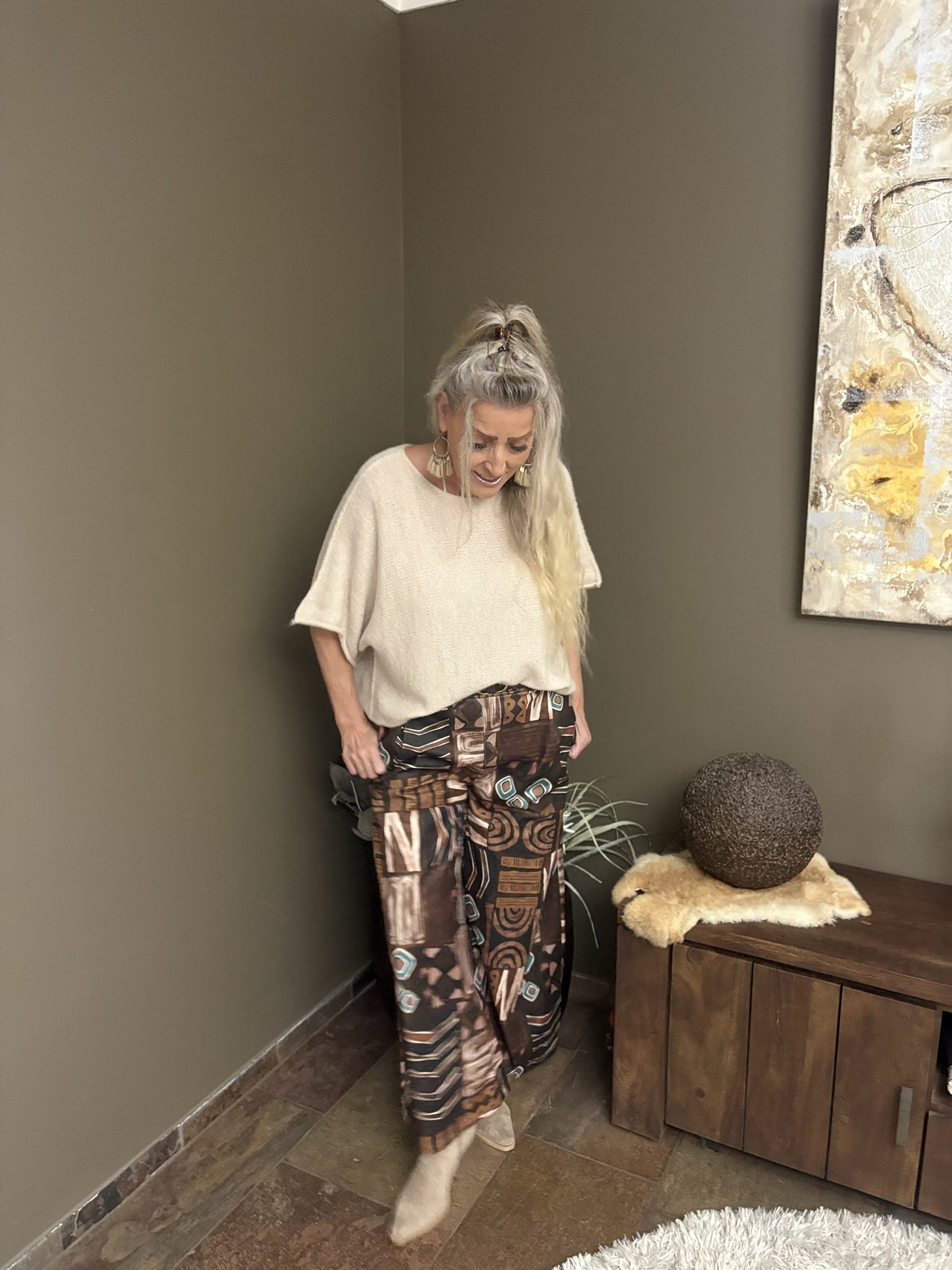 Wijdvallende broek met print en zakken - Greeny - Afbeelding 3