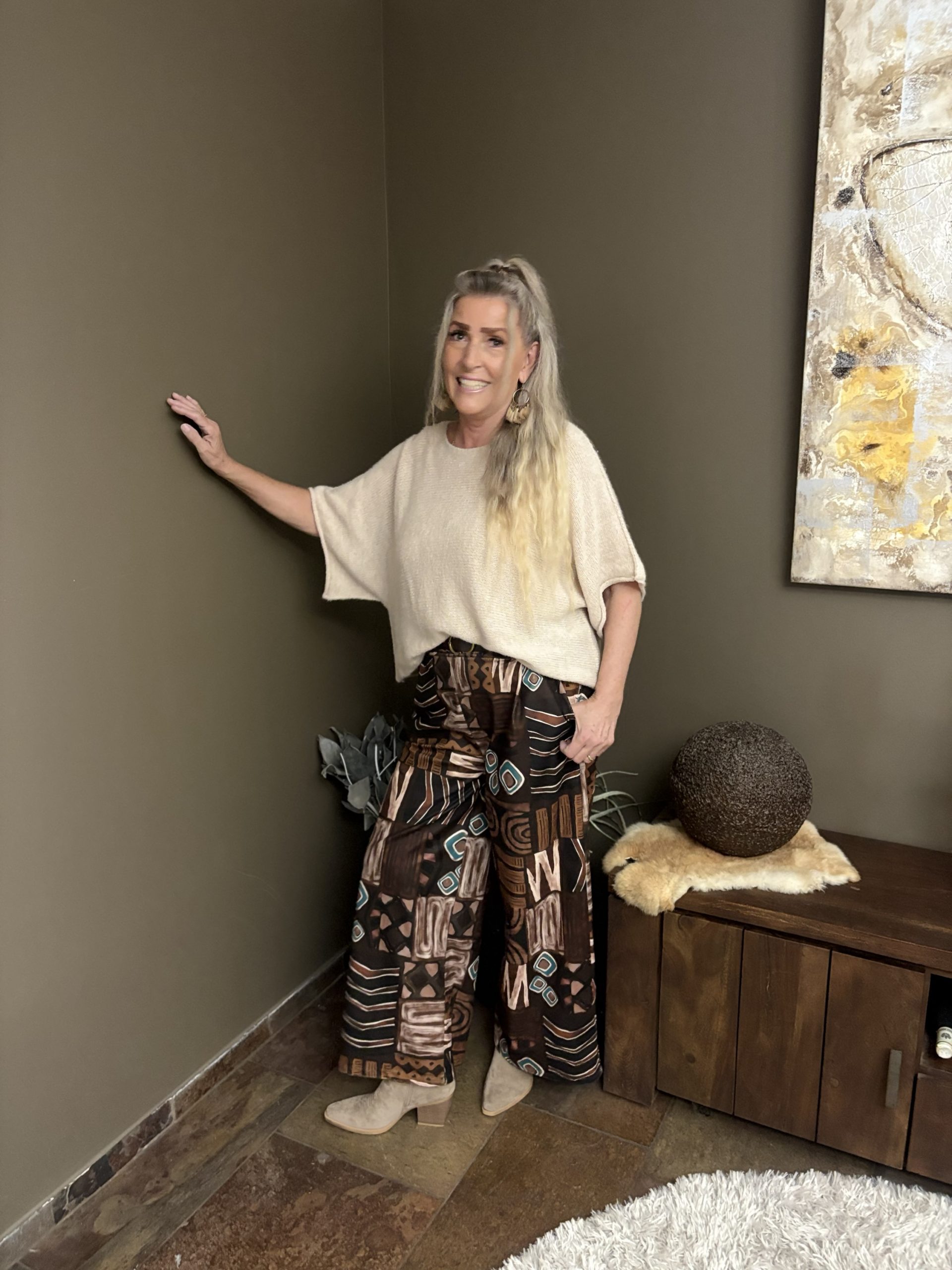 Wijdvallende broek met print en zakken - Greeny